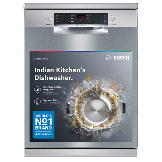 Bosch 14 Place Setting Dishwasher with Intensive Kadhai Program, 70⁰ Hot water wash, 3-Stage Adjustable Upper Rack, No Pre-Rinse (SMS46KI03I, Silver, Glass Protection Technology)
