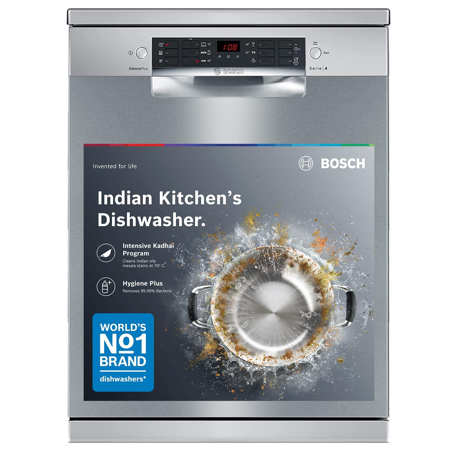 Bosch 14 Place Setting Dishwasher with Intensive Kadhai Program, 70⁰ Hot water wash, 3-Stage Adjustable Upper Rack, No Pre-Rinse (SMS46KI03I, Silver, Glass Protection Technology)