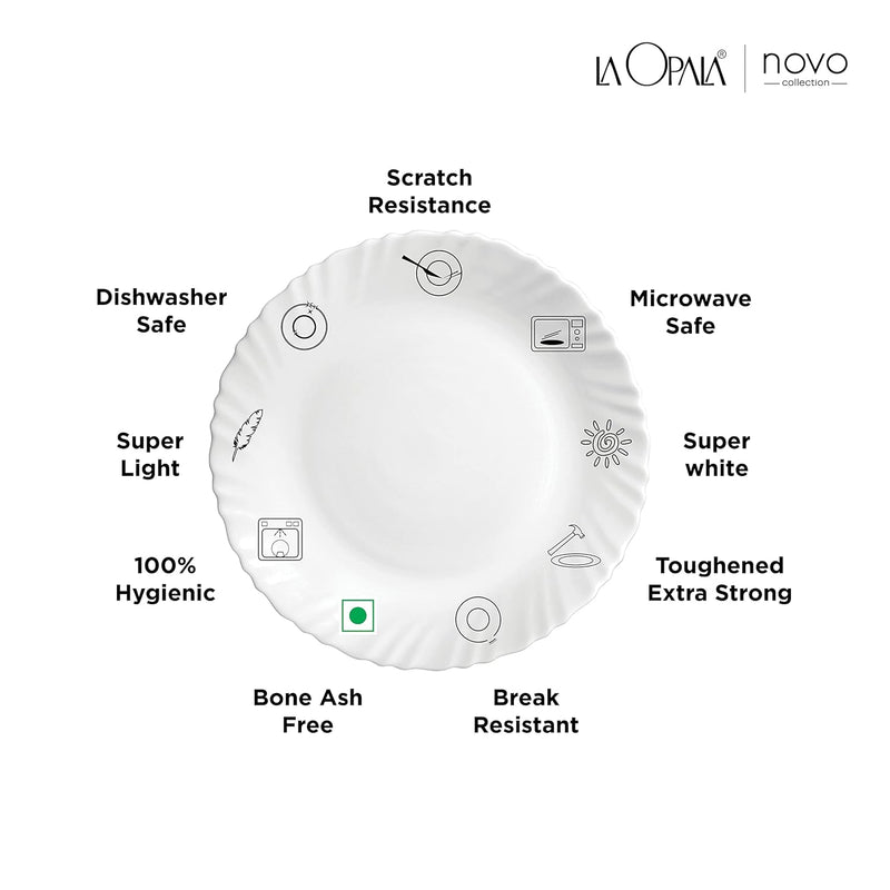 La Opala Novo Collection Opal Glass Crockery | for Family of 6 | Dinner Set 35 pcs Petite Roses | Plates & Bowls for Dining | Microwave Safe | 100% Vegetarian | Extra Strong | Light & White