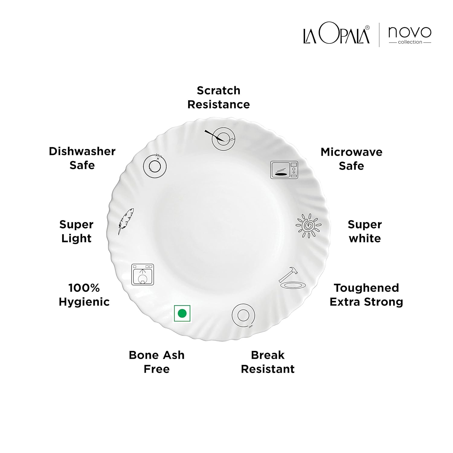 La Opala Novo Collection Opal Glass Crockery | for Family of 6 | Dinner Set 35 pcs Lush Greens | Plates & Bowls for Dining | Microwave Safe | 100% Vegetarian | Extra Strong | Light & White