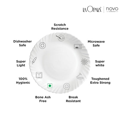 La Opala Novo Collection Opal Glass Crockery | for Family of 6 | Dinner Set 35 pcs Dainty Swirls | Plates & Bowls for Dining | Microwave Safe | 100% Vegetarian | Extra Strong | Light & White