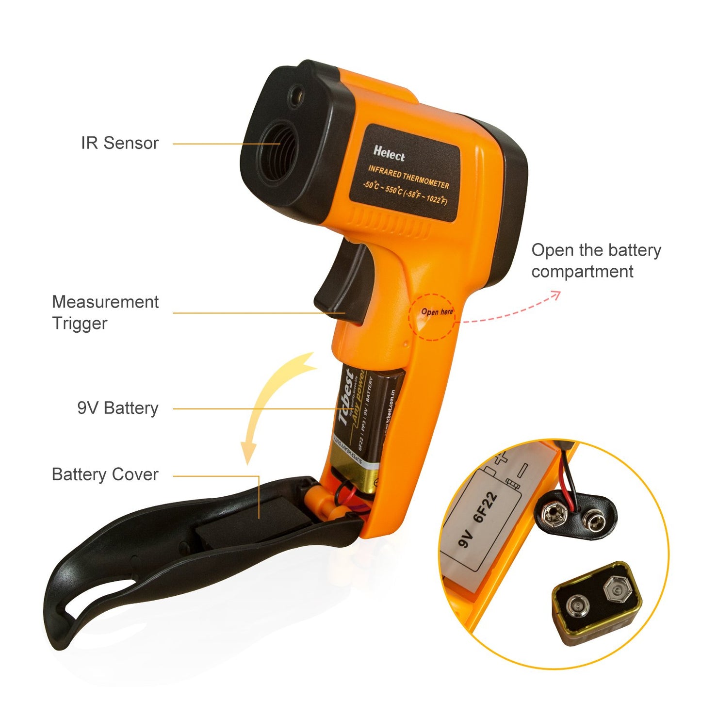 Helect Plastic Non-Contact Digital Laser Infrared Thermometer Temperature Gun With Lcd Display -58°F To 1022°F (-50°C To 550°C), Orange, Pack of 1