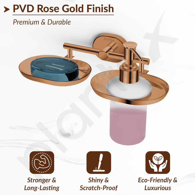 Plantex J4 Stainless Steel Soap Dish with Liquid Dispenser/Soap Stand for Bathroom Wall Mount/Shampoo Dispenser/Bathroom Accessories (PVD Rose Gold Finish) Onix-6