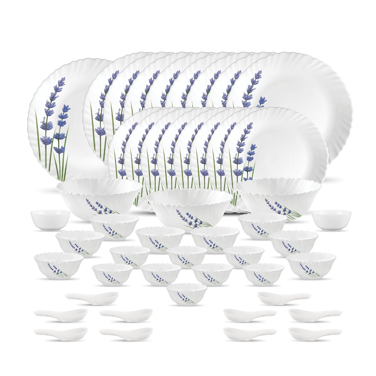 La Opala Novo Collection Opal Glass Crockery | for Family of 8 | Dinner Set 46 pcs English Lavender | Plates & Bowls for Dining | Microwave Safe | 100% Vegetarian | Extra Strong | Light & White
