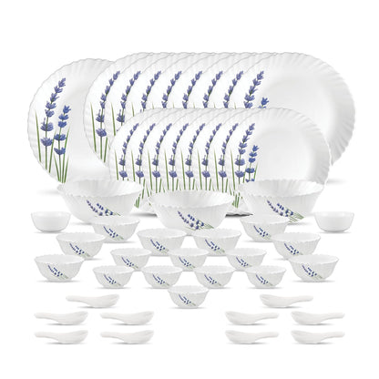 La Opala Novo Collection Opal Glass Crockery | for Family of 8 | Dinner Set 46 pcs English Lavender | Plates & Bowls for Dining | Microwave Safe | 100% Vegetarian | Extra Strong | Light & White
