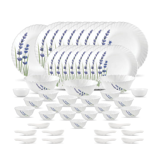 La Opala Novo Collection Opal Glass Crockery | for Family of 8 | Dinner Set 46 pcs English Lavender | Plates & Bowls for Dining | Microwave Safe | 100% Vegetarian | Extra Strong | Light & White