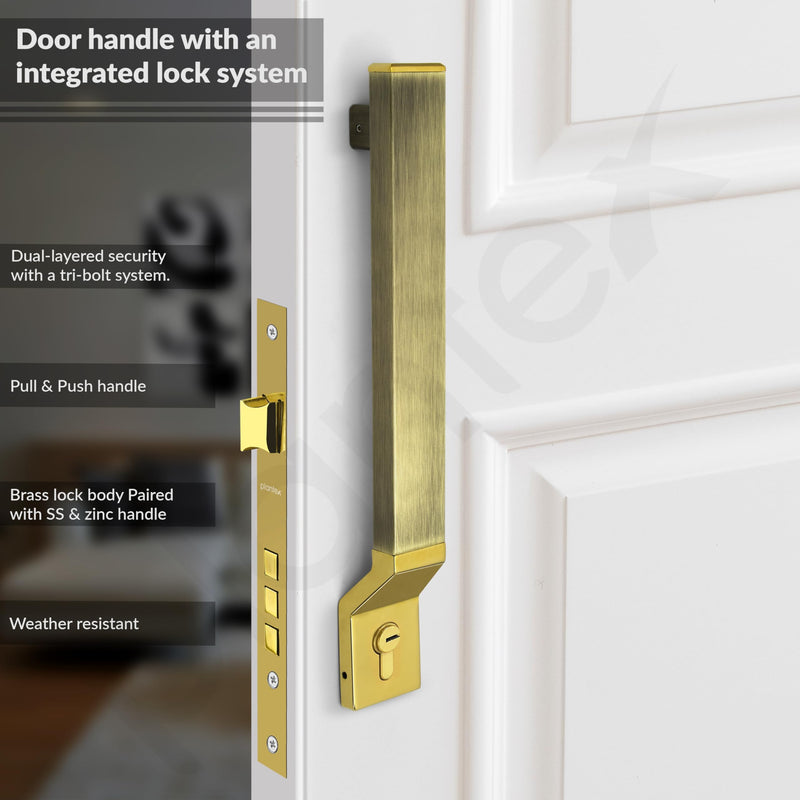 Plantex 15 Inch Door Handle with Lock/Stainless Steel Handle Set for Home/Office/Door Accessories - Pack of 1 (Brass Antique & Gold)-2
