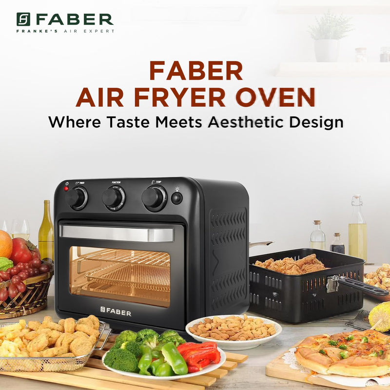 Faber 20 liter 1500 Watts Air Fryer Oven|Fry, Bake, Roast, Toast, Defrost, Grill, Reheat & Broil|85% Less Oil|Temperature & Timer Control, Preset Cooking Options, Convection Function, Auto-Off|(Black)