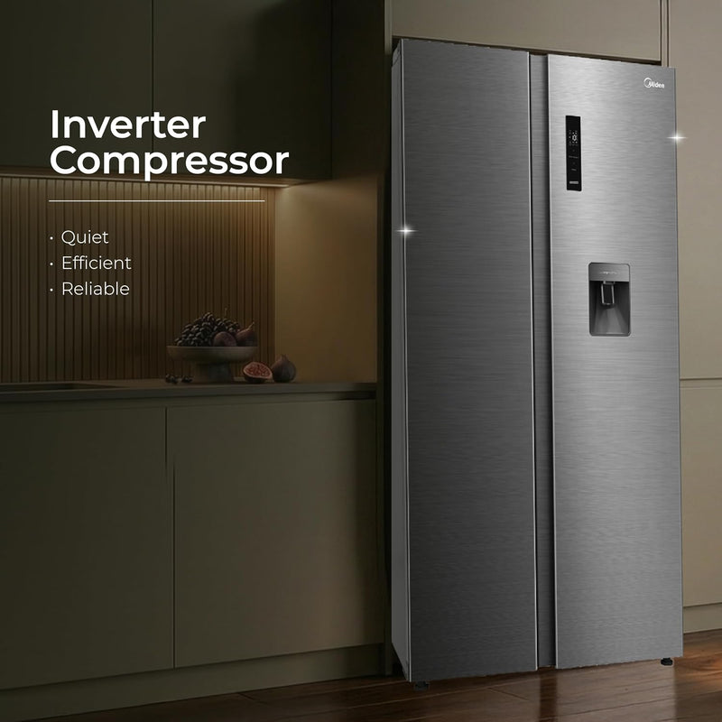 Midea 560 L Side by Side Refrigerator, Inverter Compressor, Multi Air Flow Cooling, Water Dispenser (MDRS704FGF46 Frost Free, Energy Efficient, Large Capacity, Bru-Steel Finish)