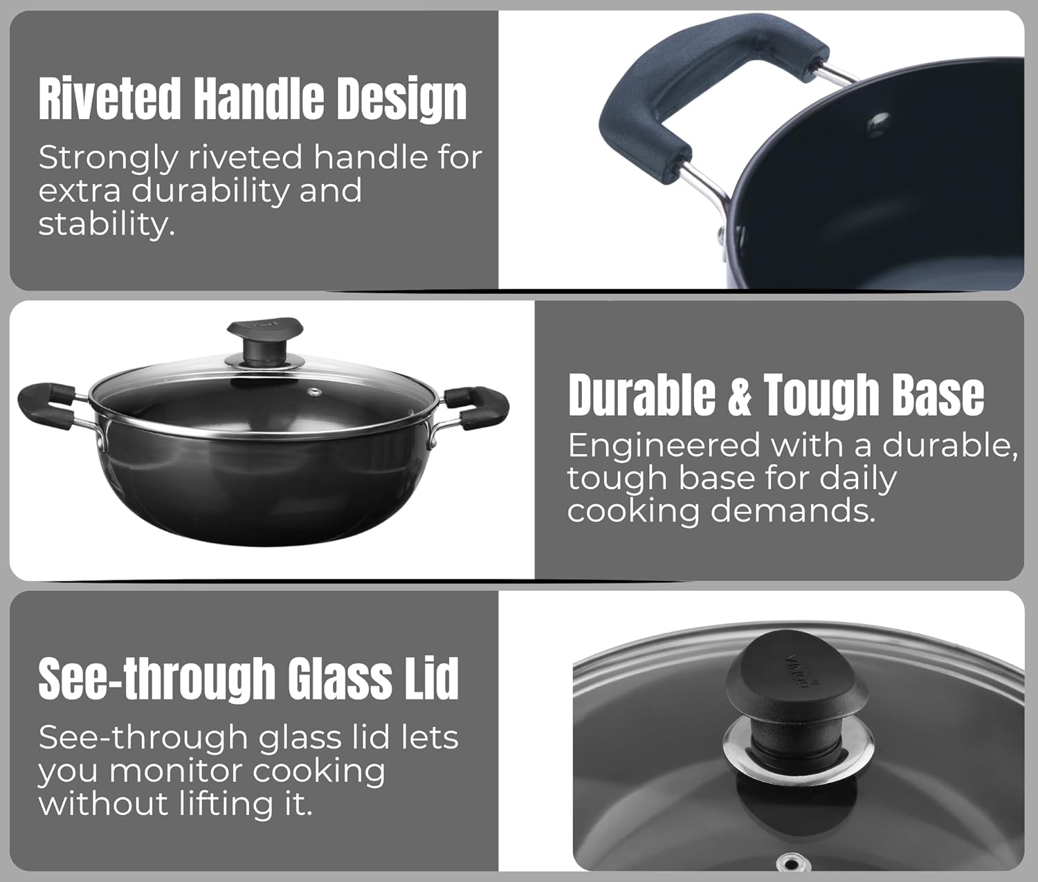 Vinod Black Pearl Hard Anodised Non Stick Deep Kadhai with Glass Lid - 9.5 LTR, 34 cm | 3.25mm Thickness | kadai for Cooking | Metal Spoon Friendly | 2 Year Warranty