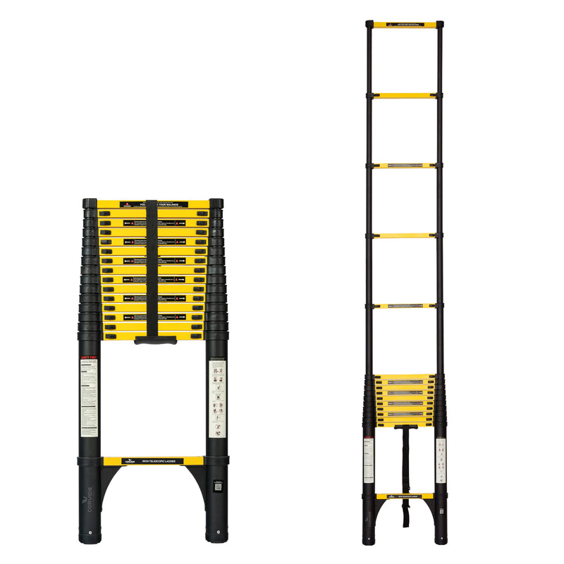 Corvids 6.3m (21 ft) Folding Carbon Steel Telescopic Ladder, 2-Year Warranty, 16-Step Heavy Duty Extension Ladder, Q195 Rustproof Alloy Steel, Portable & Collapsible Ladder for Home & Outdoor use