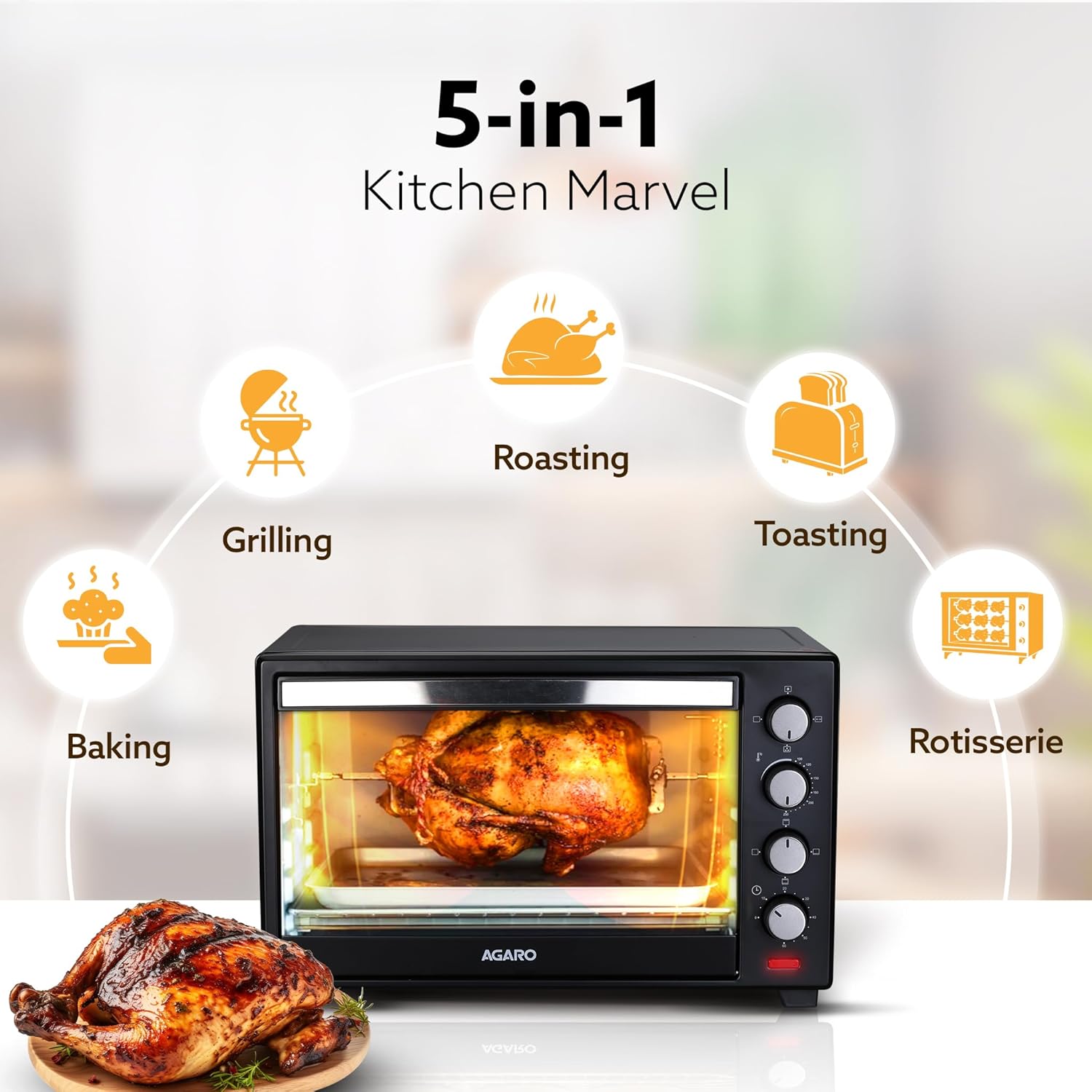 AGARO Marvel 48 Liters Oven Toaster Griller, Motorised Rotisserie and Convection Cake Baking OTG with 3 Heating Mode, (Black)