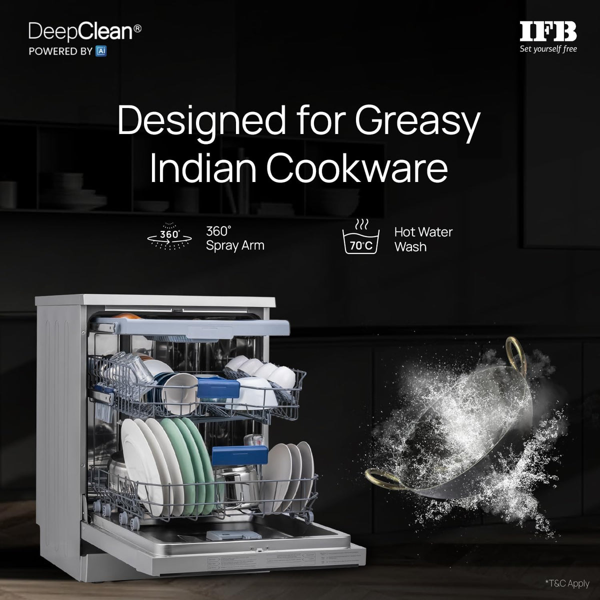 IFB 15 Place Freestanding Dishwasher with DeepClean® Technology, 3rd Cutlery Tray, 70°C Hot Water Wash, Turbo Drying, An