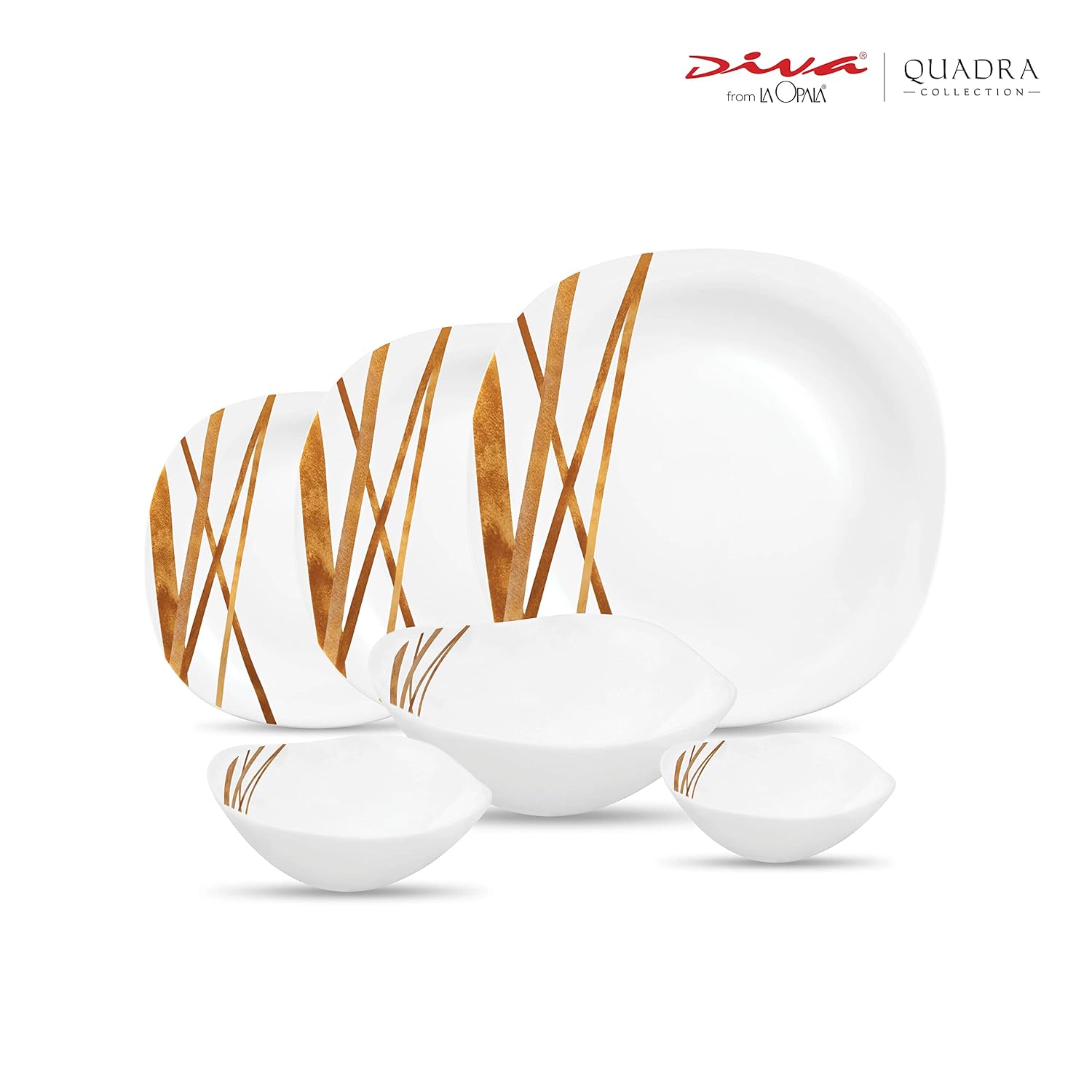 La Opala Diva, Quadra Collection, Opal Glass Dinner Set 29 pcs, Golden Shades, White