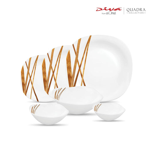 La Opala Diva, Quadra Collection, Opal Glass Dinner Set 29 pcs, Golden Shades, White