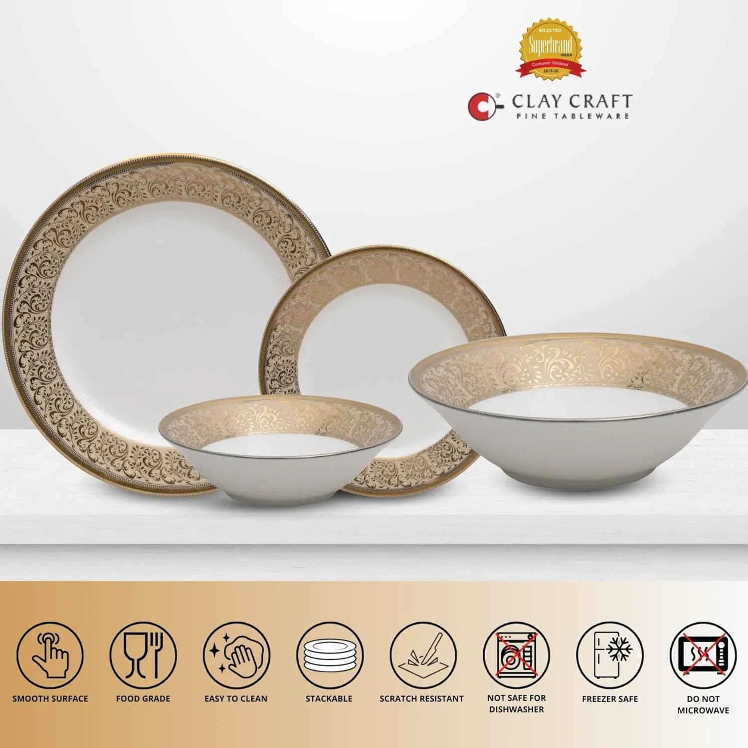 Clay Craft Fine Ceramic Georgian Ebony Floral Dinner Set (Set of 13) (E646), Enchanting Gold, for Family of 4, Dinner Set Ceramic, Dining Set for Dinner, Crockery Set for Gift, Kitchen Set for Home