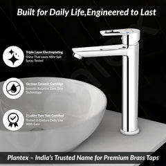 Plantex Single Lever Basin Mixer Tap/Brass Pillar Tap for Wash Basin/Hot and Cold Water Tap for Basin/Long Body Water Tap - Pack of 1 (Chrome, 3227)-3