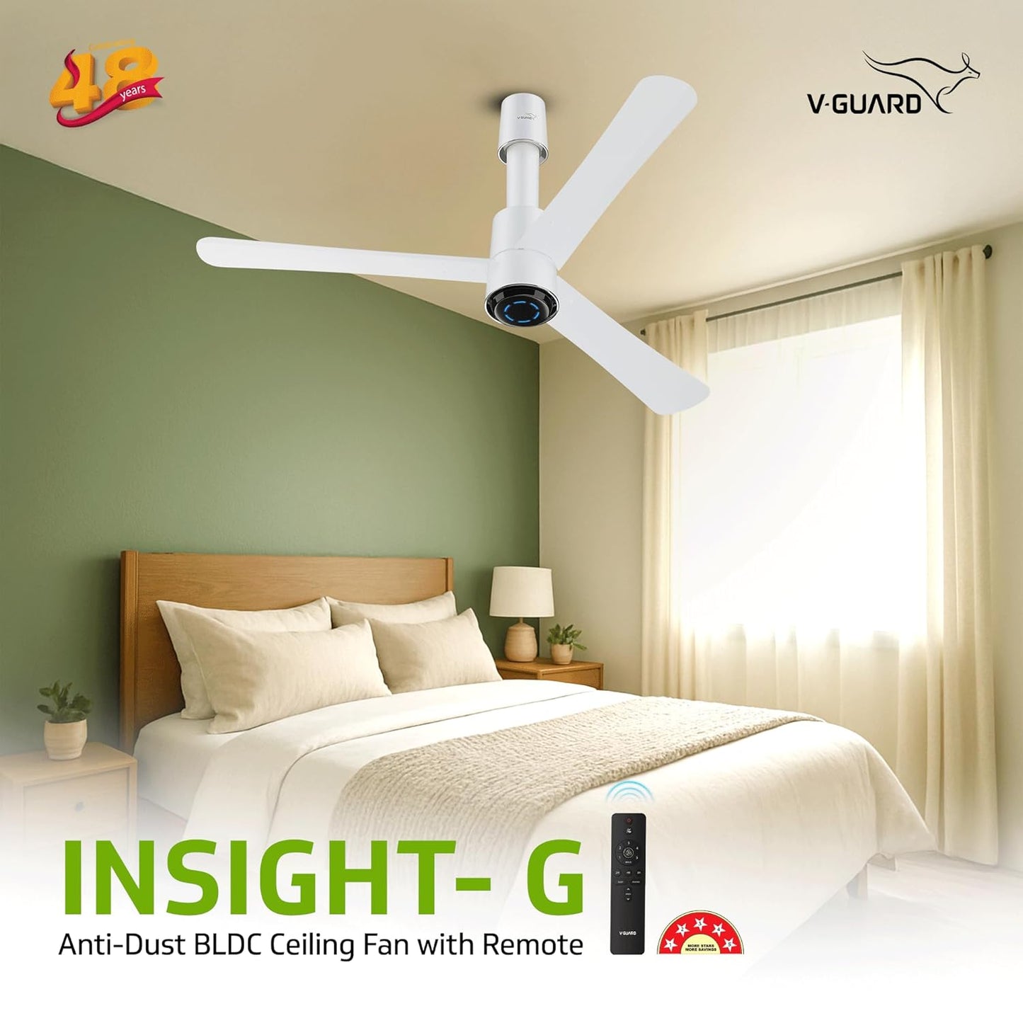 V-Guard Insight-G Premium BLDC Ceiling Fan For Home | 6 Speed Settings | 5-Star Energy Saving | Convenient Remote Control | High-Speed 100% Copper Motor | 1.2M (Blossom White Matte)
