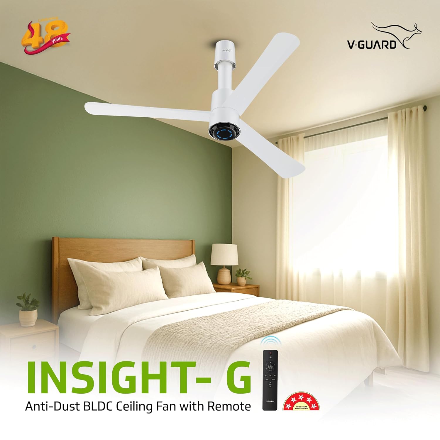 V-Guard Insight-G Premium BLDC Ceiling Fan For Home | 6 Speed Settings | 5-Star Energy Saving | Convenient Remote Control | High-Speed 100% Copper Motor | 1.2M (Blossom White Matte)