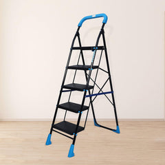 Plantex Heavy-Duty Mild Steel Stylo Folding Ladder with Wide Steps/5 Steps Ladder for Home with Advanced Locking System - 5 Wide Step Ladder(Black & Blue)
