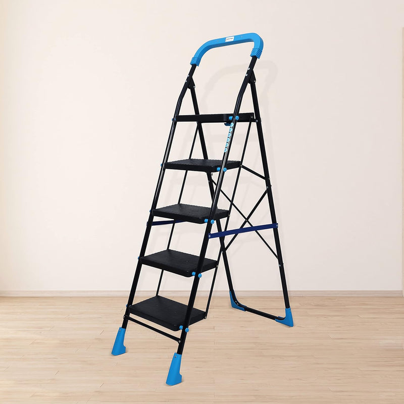 Plantex Heavy-Duty Mild Steel Stylo Folding Ladder with Wide Steps/5 Steps Ladder for Home with Advanced Locking System - 5 Wide Step Ladder(Black & Blue)