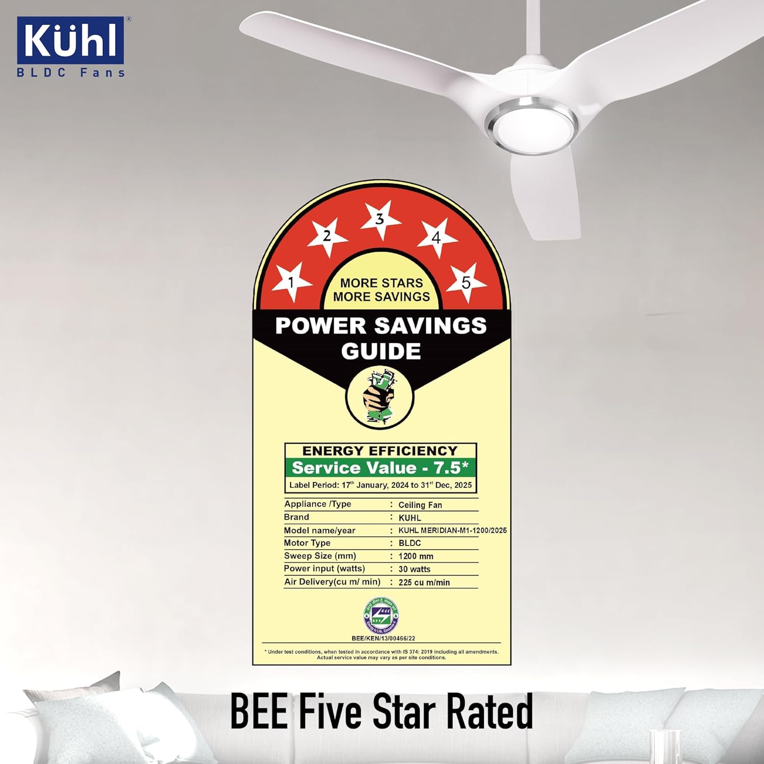 KUHL Meridian M1 1200MM 65% Power Saving BLDC Ceiling Fan With Remote | BEE 5 Star Rated & ISI Marked | High Air Flow | Down Light & Reverse Mode | 5 Year Warranty on Motor | Free Installation |White