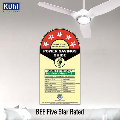 KUHL Meridian M1 1200MM 65% Power Saving BLDC Ceiling Fan With Remote | BEE 5 Star Rated & ISI Marked | High Air Flow | Down Light & Reverse Mode | 5 Year Warranty on Motor | Free Installation |White