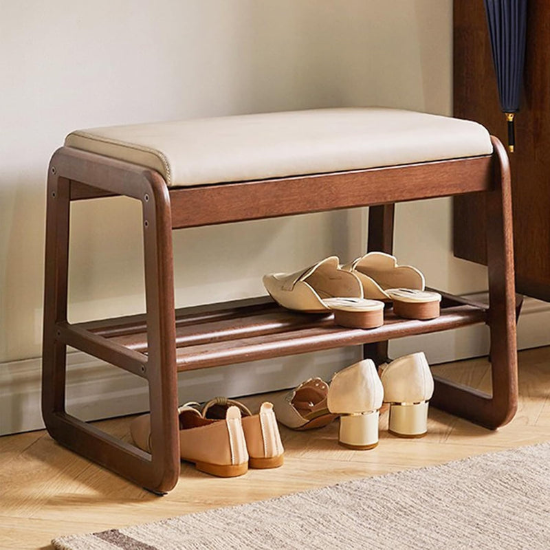 Mid-Century Elegant Wooden Shoe Bench with Padded Seat – 2-Tier Shoe Rack for Entryway, Living Room, or Bedroom