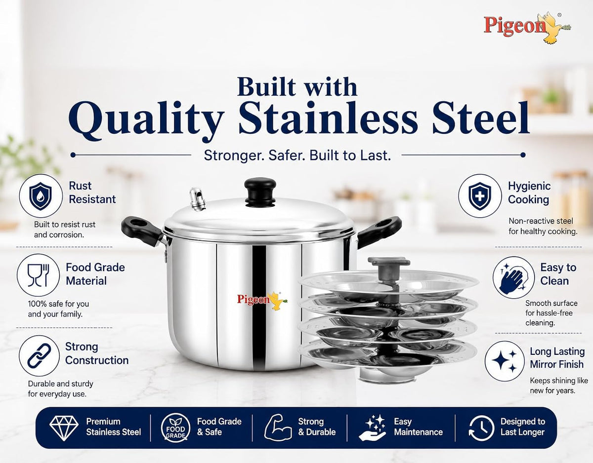 Pigeon Desire Stainless Steel Idli Cooker | ISI Certified Steamer Pot