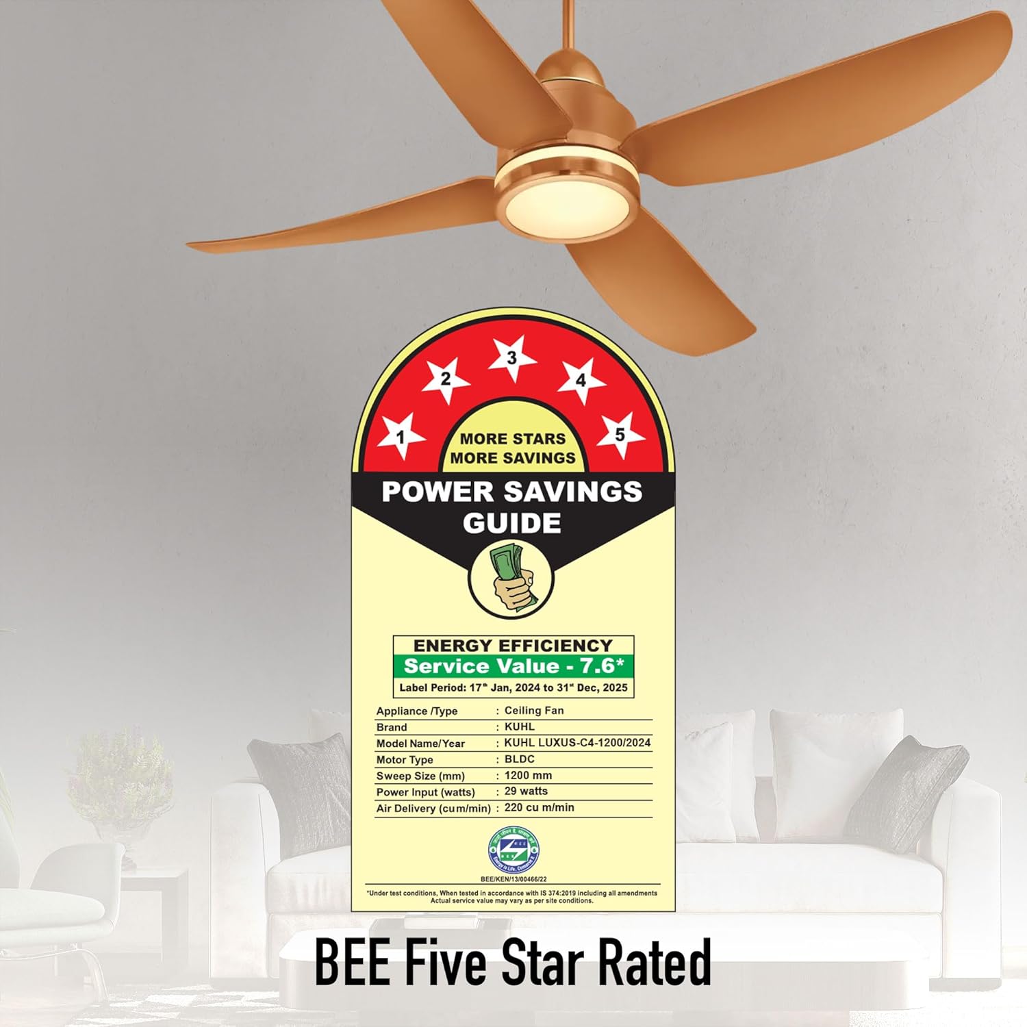 KUHL Luxus C4 1200mm Stylish 65% Power Saving BLDC Ceiling Fan with Remote | Night & Down Light | 29W | BEE 5 Star | Low Noise | IoT Operate via Mobile & Alexa|Reverse Mode|Free Installation | Copper