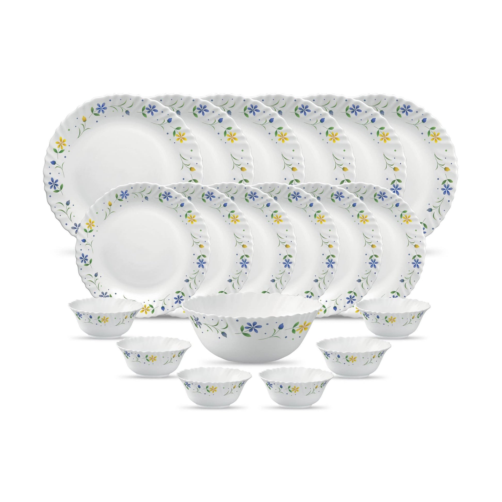 La Opala Diva Classique Collection Opal Glass Crockery | for Family of 6 | Dinner Set 19 pcs Fluted Green | Plates & Bowls for Dining | Microwave Safe | 100% Vegetarian | Extra Strong | White