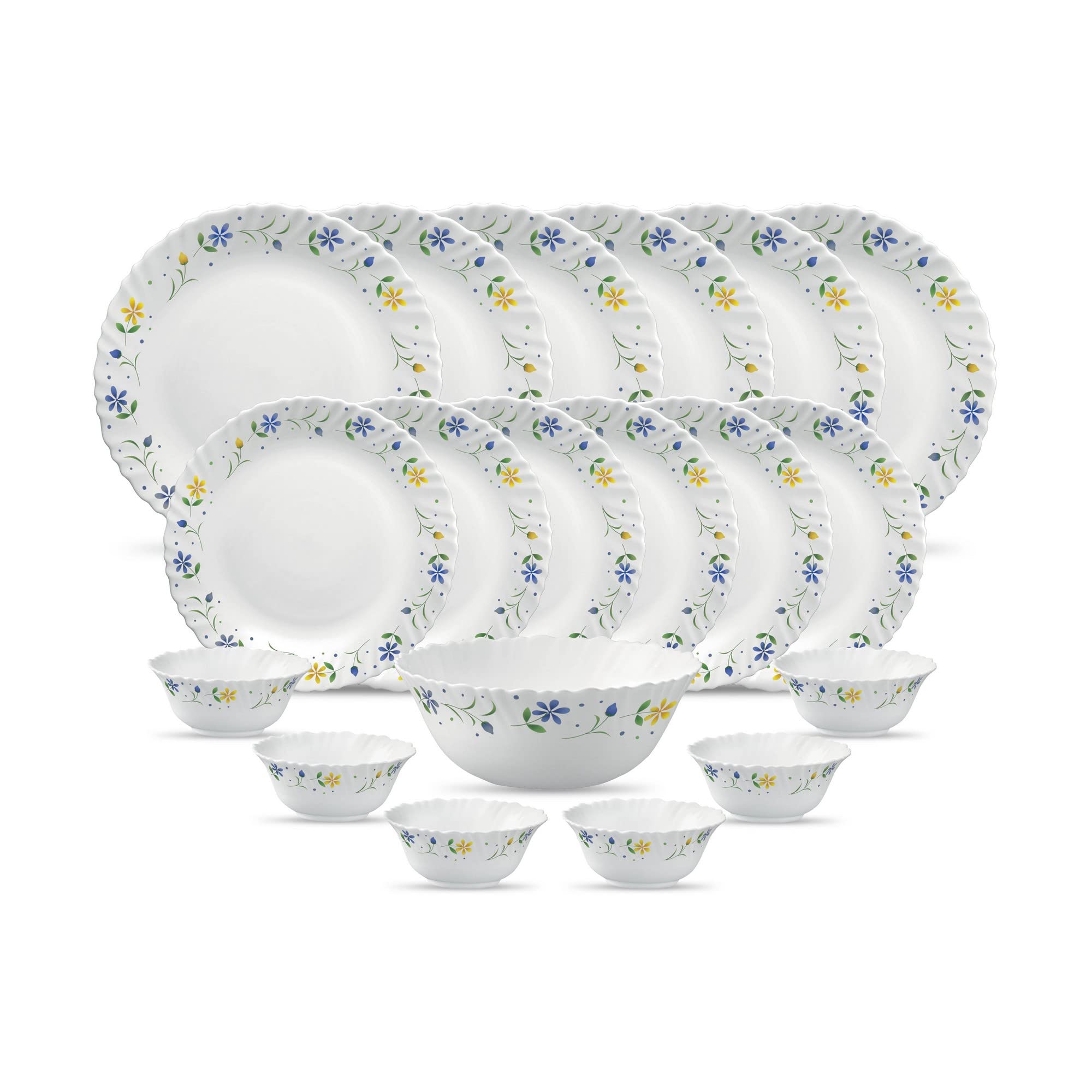 La Opala Diva Classique Collection Opal Glass Crockery | for Family of 6 | Dinner Set 19 pcs Royal Iris | Plates & Bowls for Dining | Microwave Safe | 100% Vegetarian | Extra Strong | White