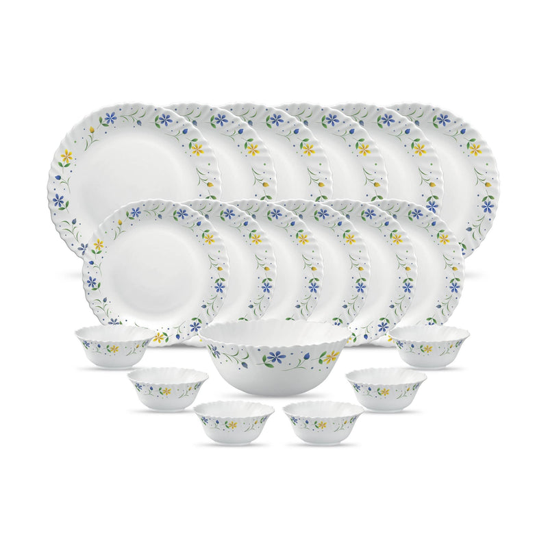 La Opala Diva Classique Collection Opal Glass Crockery | for Family of 6 | Dinner Set 19 pcs Aster Blue | Plates & Bowls for Dining | Microwave Safe | 100% Vegetarian | Extra Strong | White