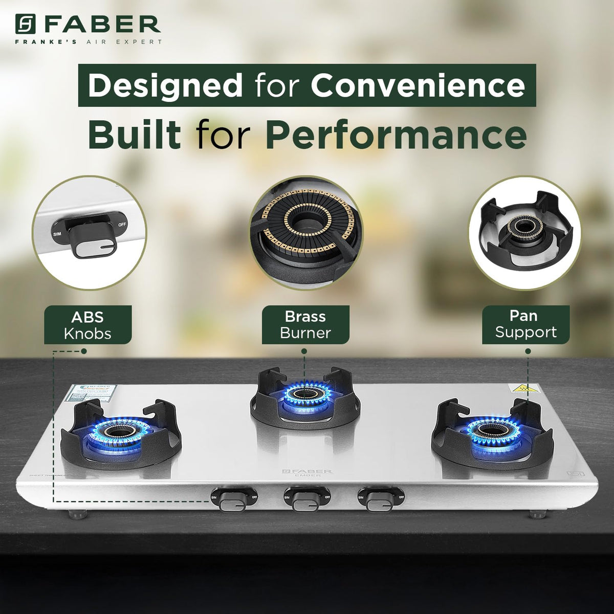 Faber Ember Stainless Steel Cooktop | 3 Brass Burners (Jumbo, Medium & Small |Manual Ignition | Diamond-Coated Pan Suppo