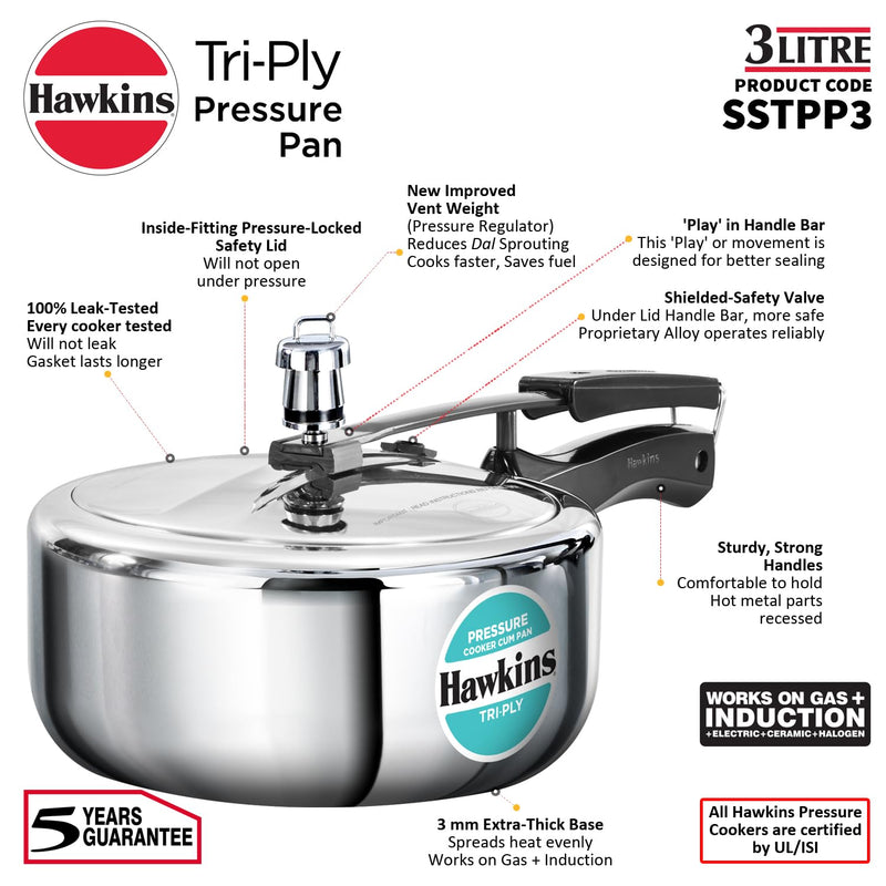 Hawkins 3 Litre Tri-Ply Pressure Cooker cum Pan, Triply Stainless Steel Inner Lid Cooker, Pan, Silver (SSTPP3)