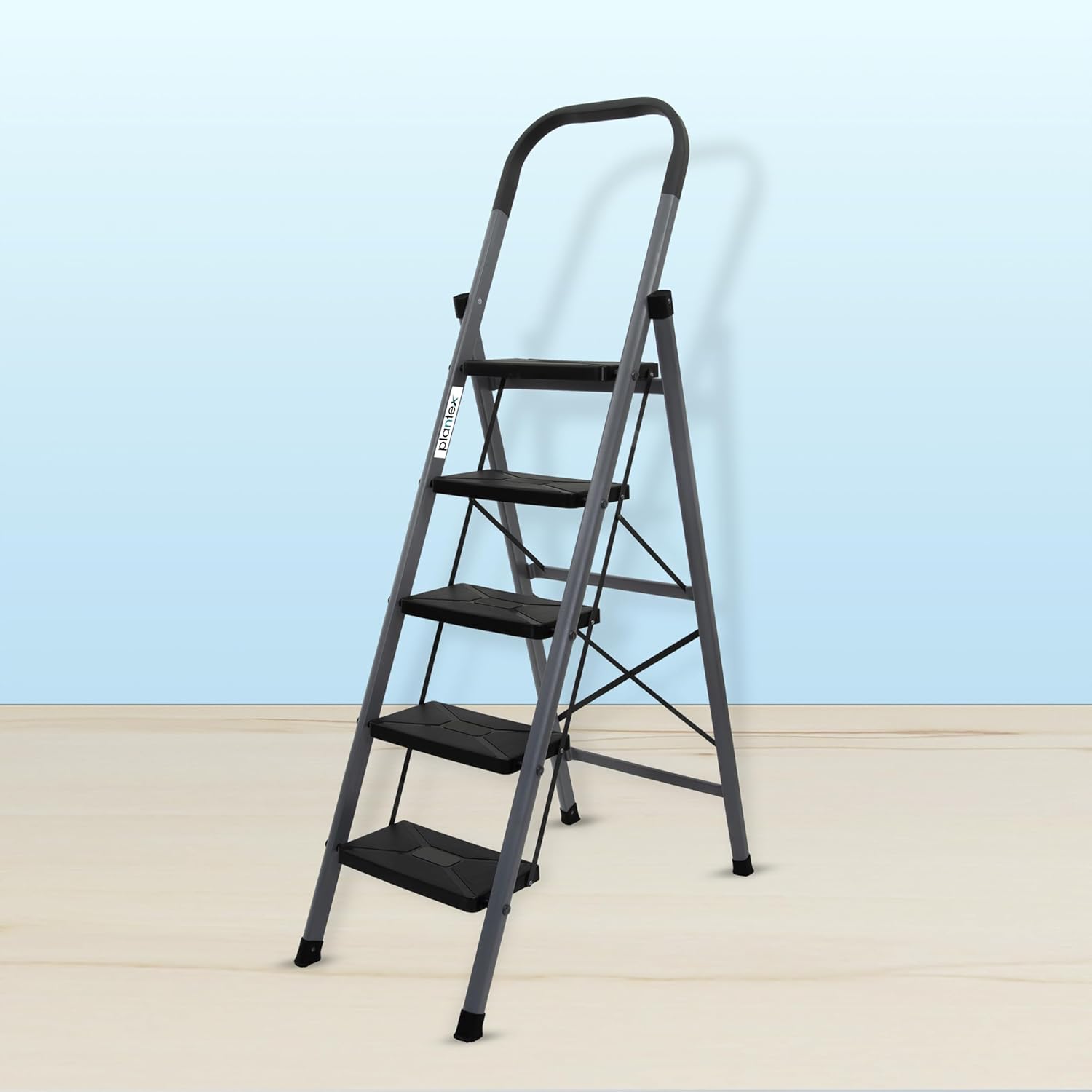 Plantex GI Steel 5-Steps Ladder for Home/Easy to fold/Anti-Skid Wide Steps Ladder - (Aura, Black & Grey)