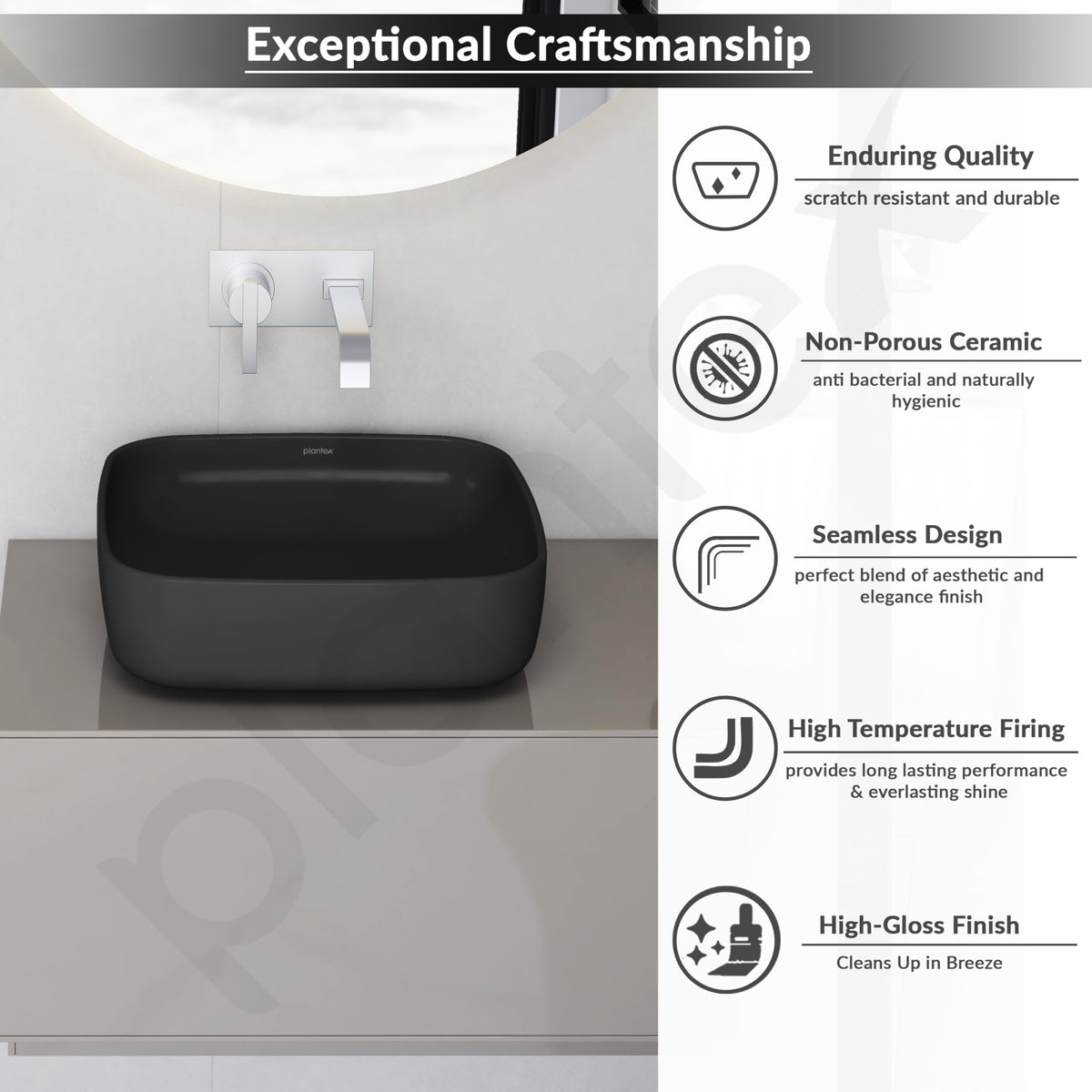 Plantex Ceramic Wall-hung Commode with Table-Top Wash Basin for Bathroom/Rimless Washdown Western Toilet/Bathroom Wash Basin - P Trap Commode - Black-3