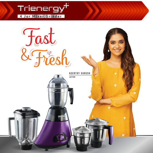 USHA Trienergy+ 800 Watt Powerful 100% Copper Motor 4 Jar Mixer Grinder with Unique Quadriflow Square Blender Jar for Faster Grinding&Smooth Blending||5 Years Warranty On Motor(Magenta,800 Watt)