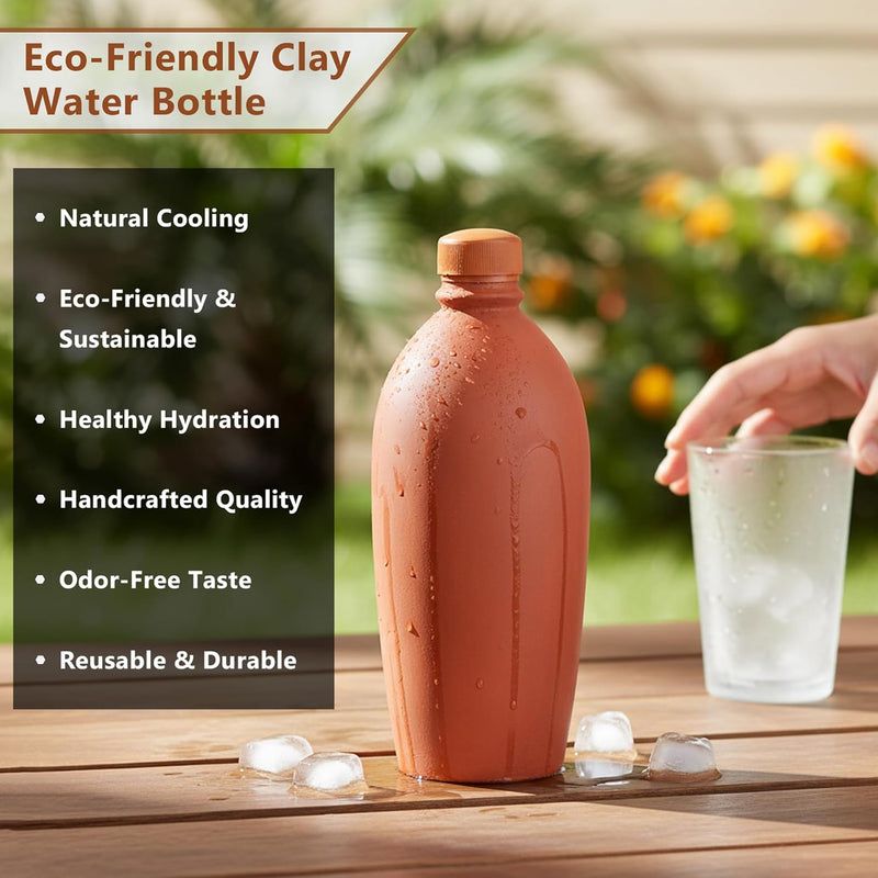 BS Natural Handcrafted Clay Water bottlei | Natural Mitti Ki bottle for Cold Drinking Water | Eco-Friendly Earthen Water Pot | Traditional Terracotta (Water Bottle 1 Liter Pack of 1)