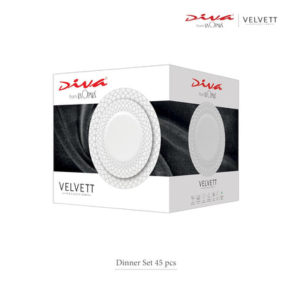 La Opala Diva Velvett Collection Opal Glass Crockery | for Family of 8 | Dinner Set 45 pcs Aria Grey | Plates & Bowls for Dining | Microwave Safe | 100% Vegetarian | Extra Strong | Light & White