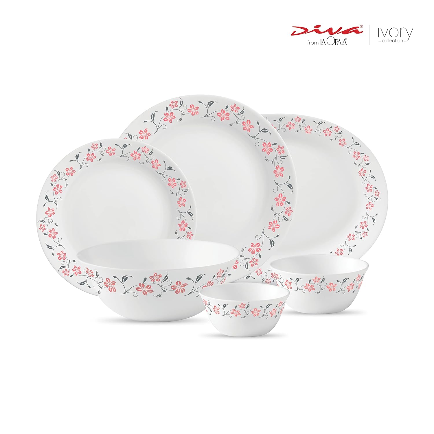 La Opala Diva, Ivory Collection, Opal Glass Dinner Set 27 pcs, Grace Red, White