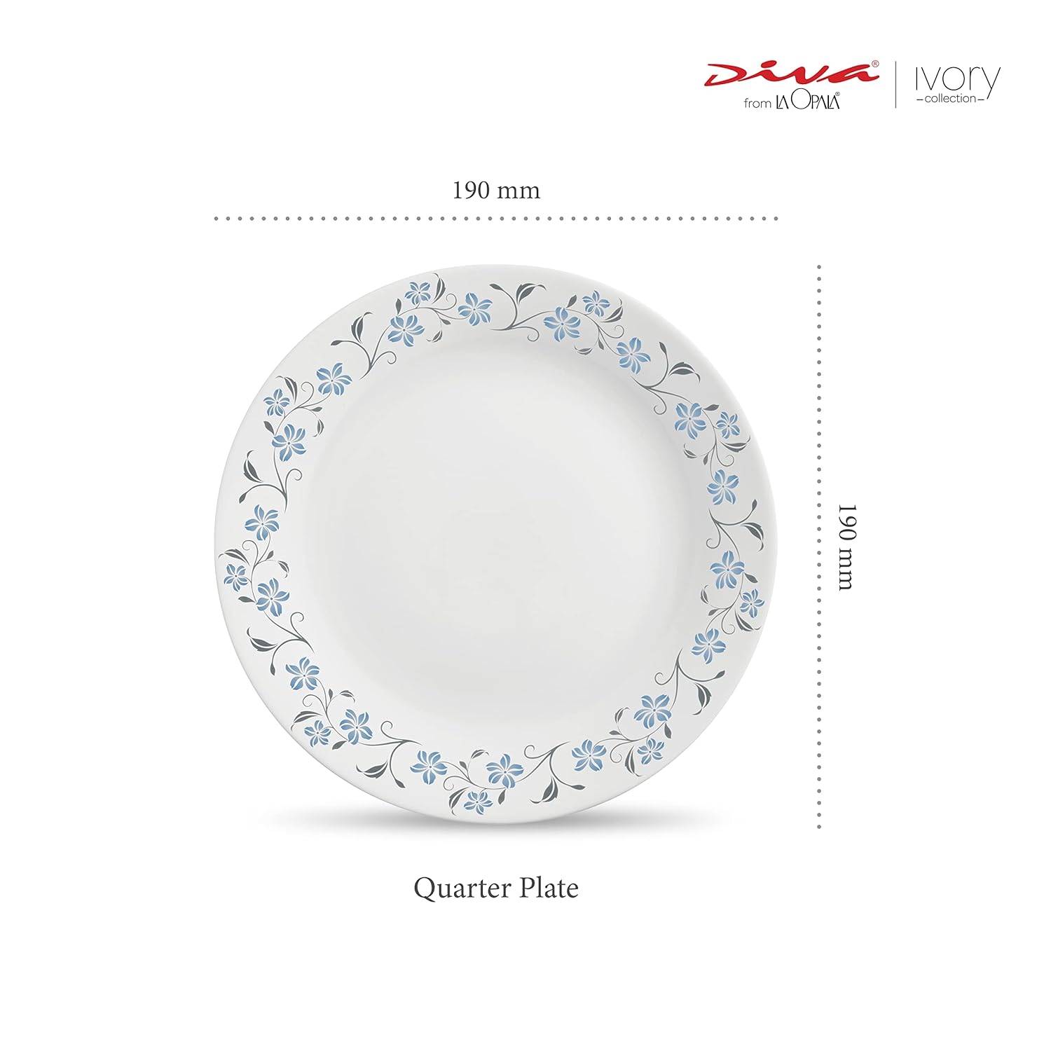 La Opala Diva, Ivory Collection, Opal Glass Quarter Plate Set 6 pcs, Grace Blue, White, Standard
