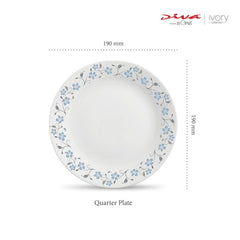 La Opala Diva, Ivory Collection, Opal Glass Quarter Plate Set 6 pcs, Grace Blue, White, Standard