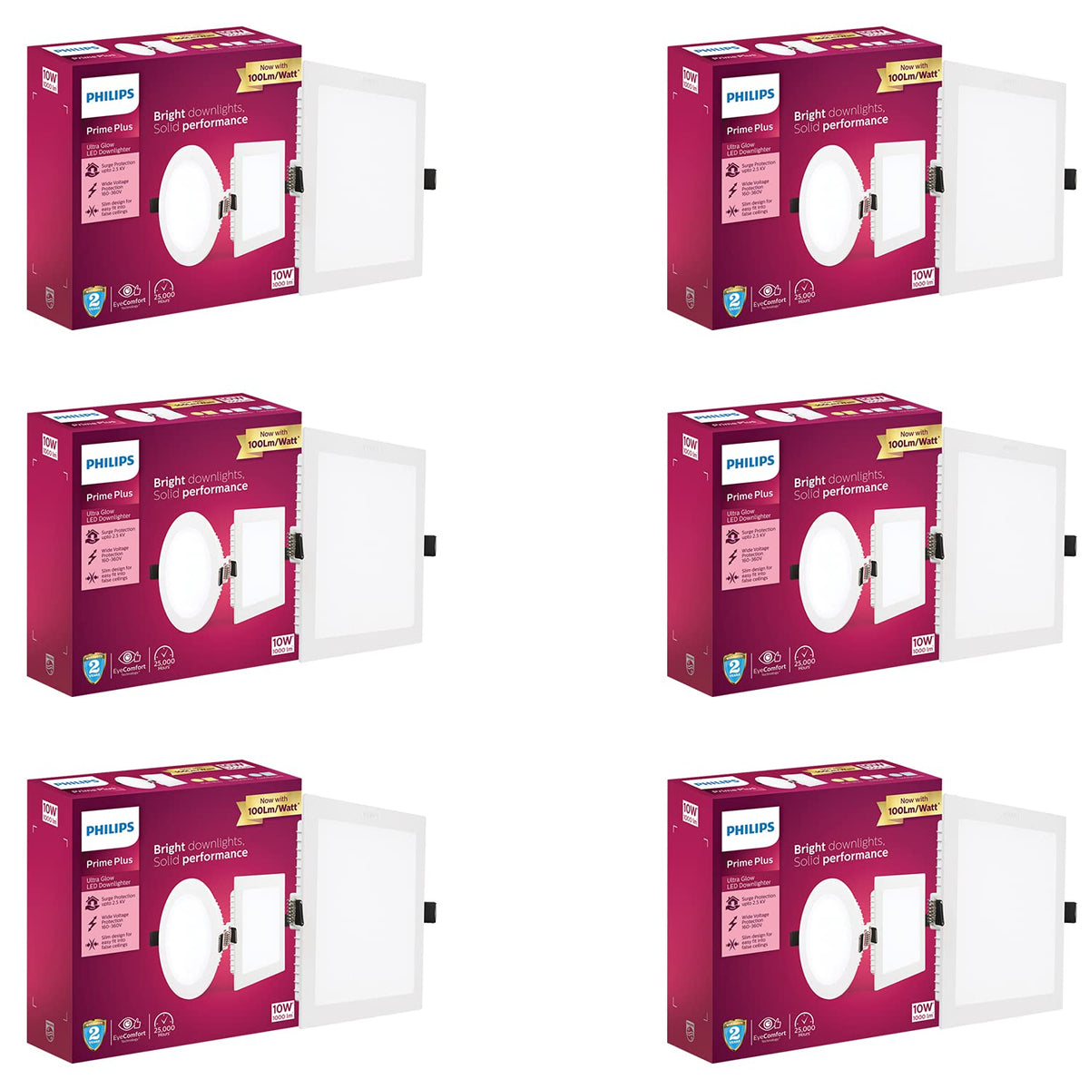 Philips 10W Square AP Plus UltraGlow LED DL Recessed LED Panel Ceiling Light (Pack of 6, Natural White) (929002628101-Pk6)