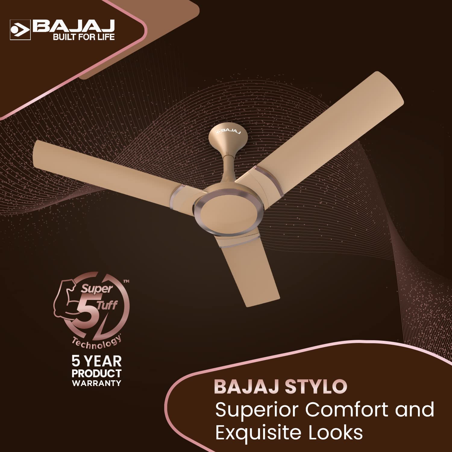 Bajaj Stylo 12S2 1200MM (48") Ceiling Fans for Home | BEE-2 Star Rated Energy Efficient Fan | SUPER 5TUFF TECHNOLOGY™ | SumoTuff Blades | High Air Delivery & High Speed | 5-Yrs Warranty 【Amber Gold】