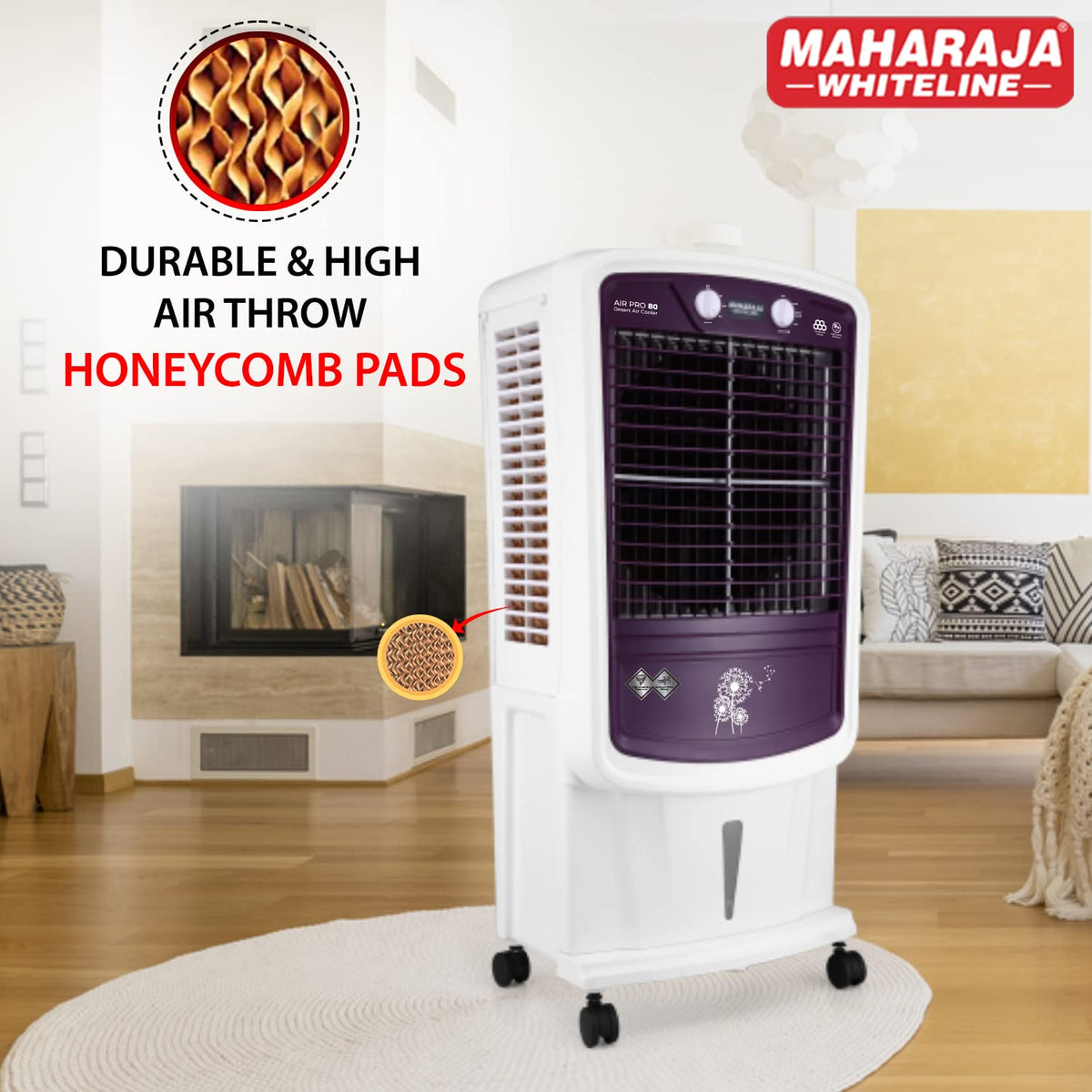 Maharaja Whiteline AIR PRO 80 Air Cooler with 80 ltr Large Tank Capacity, 190W (White & Royal Purple)