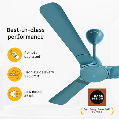 atomberg Erica Nuvo 1200mm BLDC Ceiling Fan with Remote | Award Winning Designer Fan | BEE 5 star | High Air Delivery | Low noise operation | Elegant Trims | 3 Year Warranty | Aegean Blue