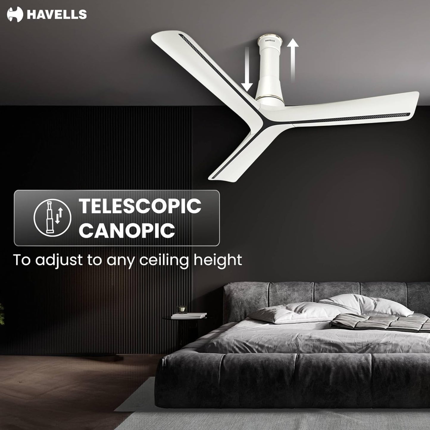 Havells Inveno LX 1200 mm BLDC Ceiling Fan|ABS Aerodyanamic Blades|Telescopic Canopy|Timer,Breeze,Sleep,MOP Modes|Reverse Feature|100% Copper Motor|Free Installation|2 Year Warranty(Matt Pearl White)