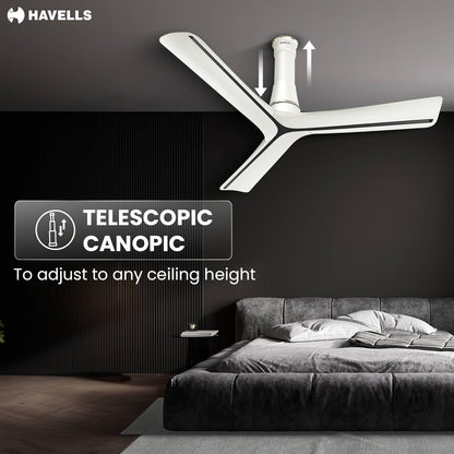 Havells Inveno LX 1200 mm BLDC Ceiling Fan|ABS Aerodyanamic Blades|Telescopic Canopy|Timer,Breeze,Sleep,MOP Modes|Reverse Feature|100% Copper Motor|Free Installation|2 Year Warranty(Matt Pearl White)