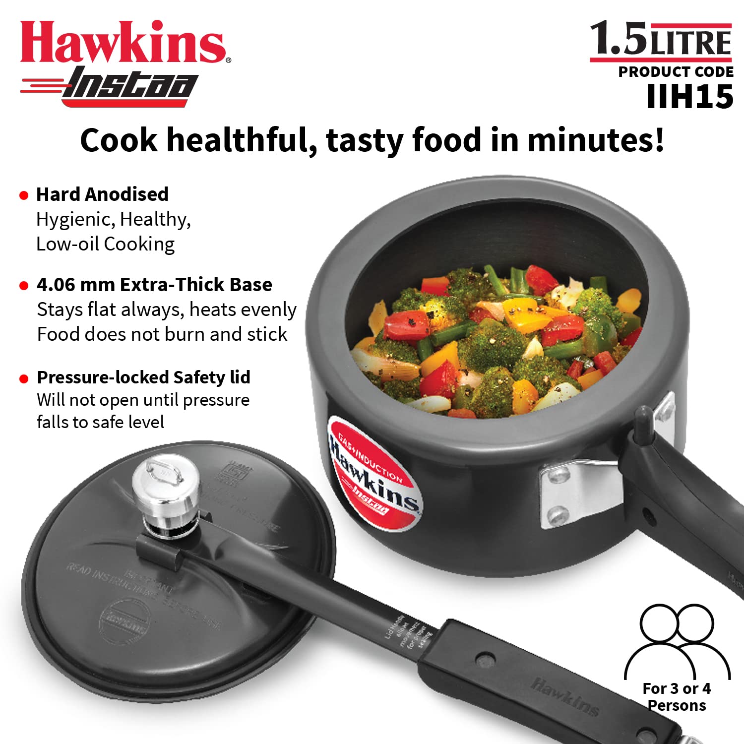Hawkins 1.5 Litre Instaa Pressure Cooker, Induction Inner Lid Cooker, Tall Body Hard Anodised Baby Cooker, Black (IIH15)